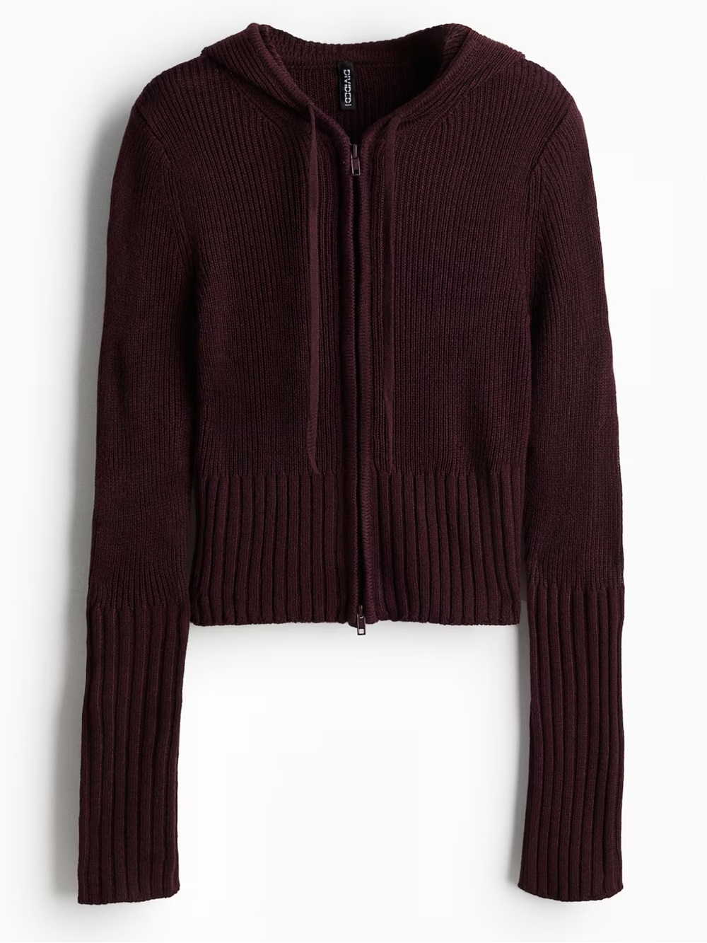 H&M Cropped Ribbed Knit Hooded Jacket in Burgundy